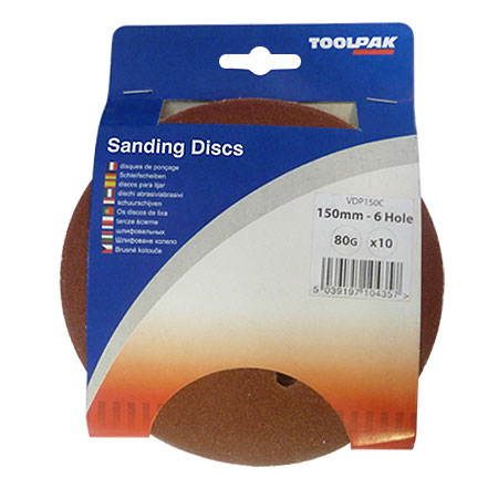 Sanding Disc 150mm 80 Grit 6 Hole Pack of 10 Toolpak 